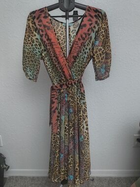 Sexy Diva Women’s Leopard Paisley Faux Wrap Midi Dress Tie Waist 3/4 Sleeve